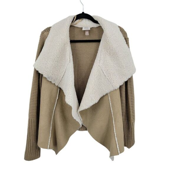 Boho Cardigan M Tan Sherpa Faux Suede Open Waterfall Large Collar Country Vegan - Picture 1 of 9